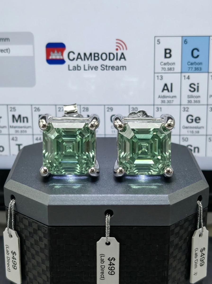 2ctw Asscher-cut green moissanite stud earrings — forest green, geometric step-cut | TARA AYARH LUNE