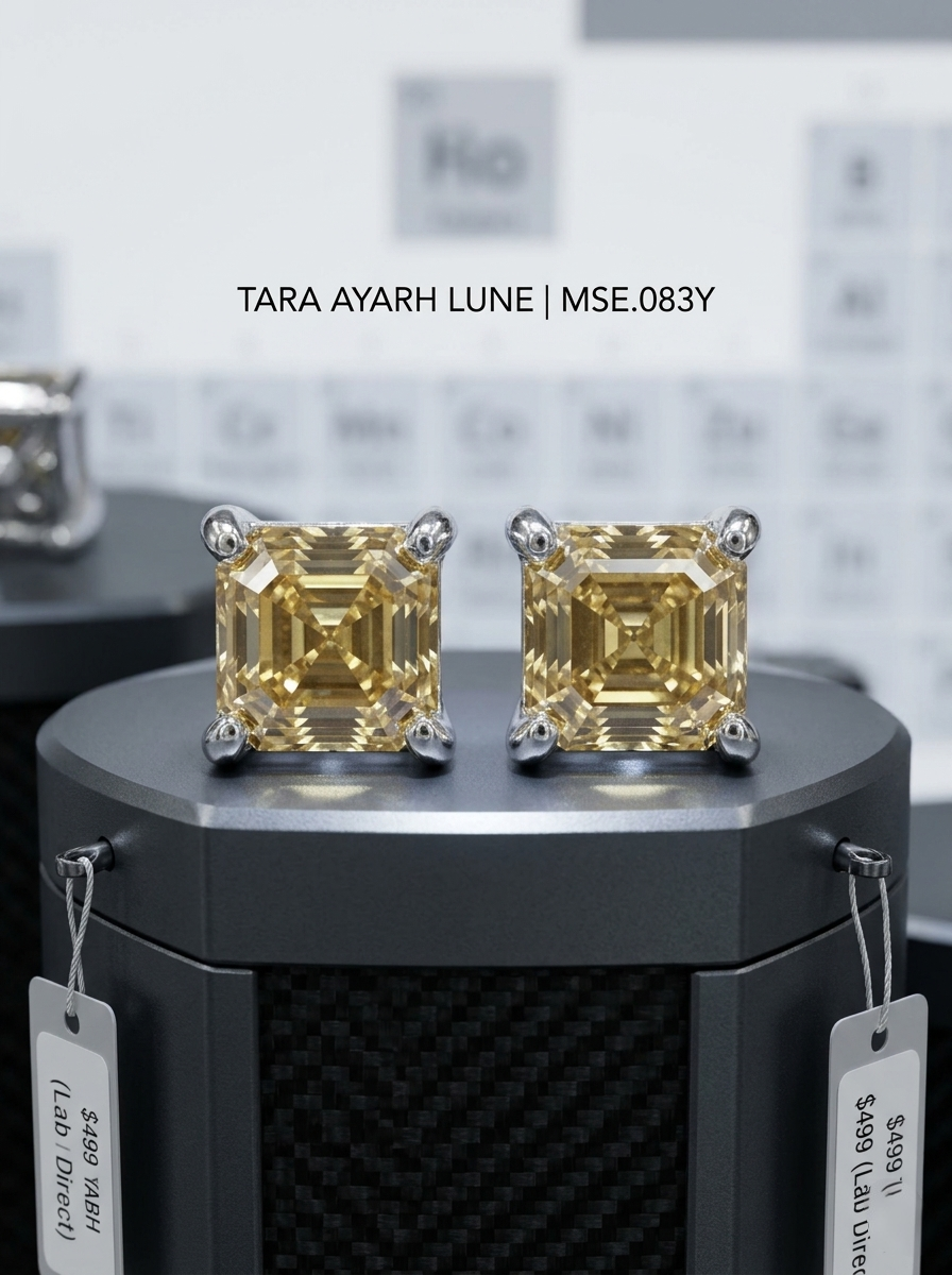 2ctw Asscher-cut yellow moissanite stud earrings — canary yellow, vibrant prestige | TARA AYARH LUNE