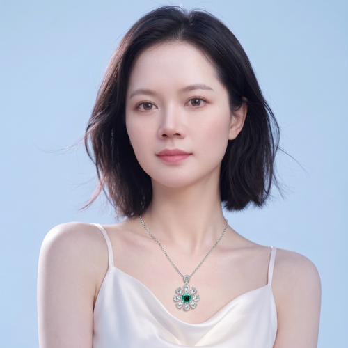 1ct Asscher-cut green moissanite sunflower pear halo pendant on model — 5g, 925 silver | TARA AYARH LUNE