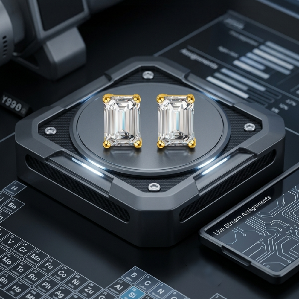 2ctw emerald-cut moissanite stud earrings — golden finish, 5x7mm VVS1 D-color, 925 sterling silver | TARA AYARH LUNE