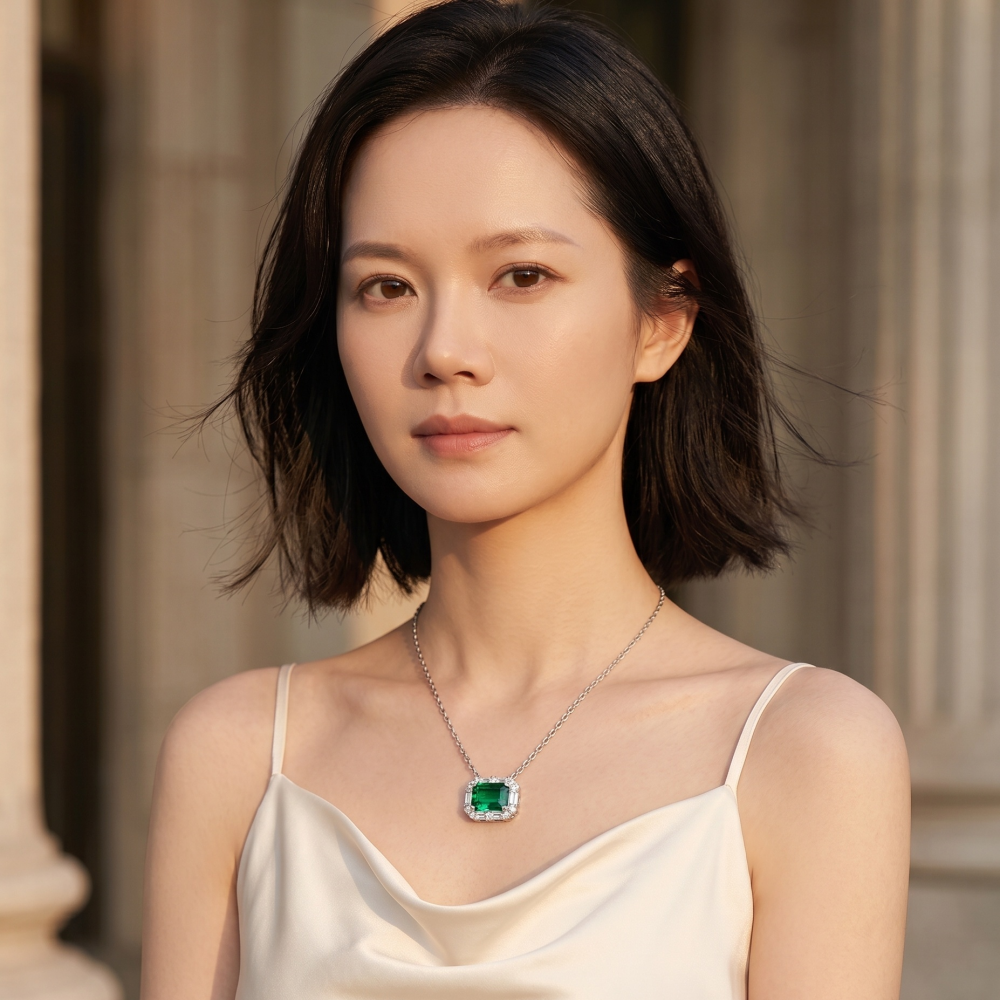 Emerald-Cut Green Moissanite Art Deco Halo Pendant Necklace | Art Deco Verdure | TARA AYARH LUNE