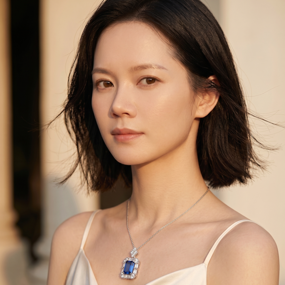 2ct Emerald-Cut Royal Blue Moissanite Star-Flashing Pendant Necklace | Royal Starburst | TARA AYARH LUNE