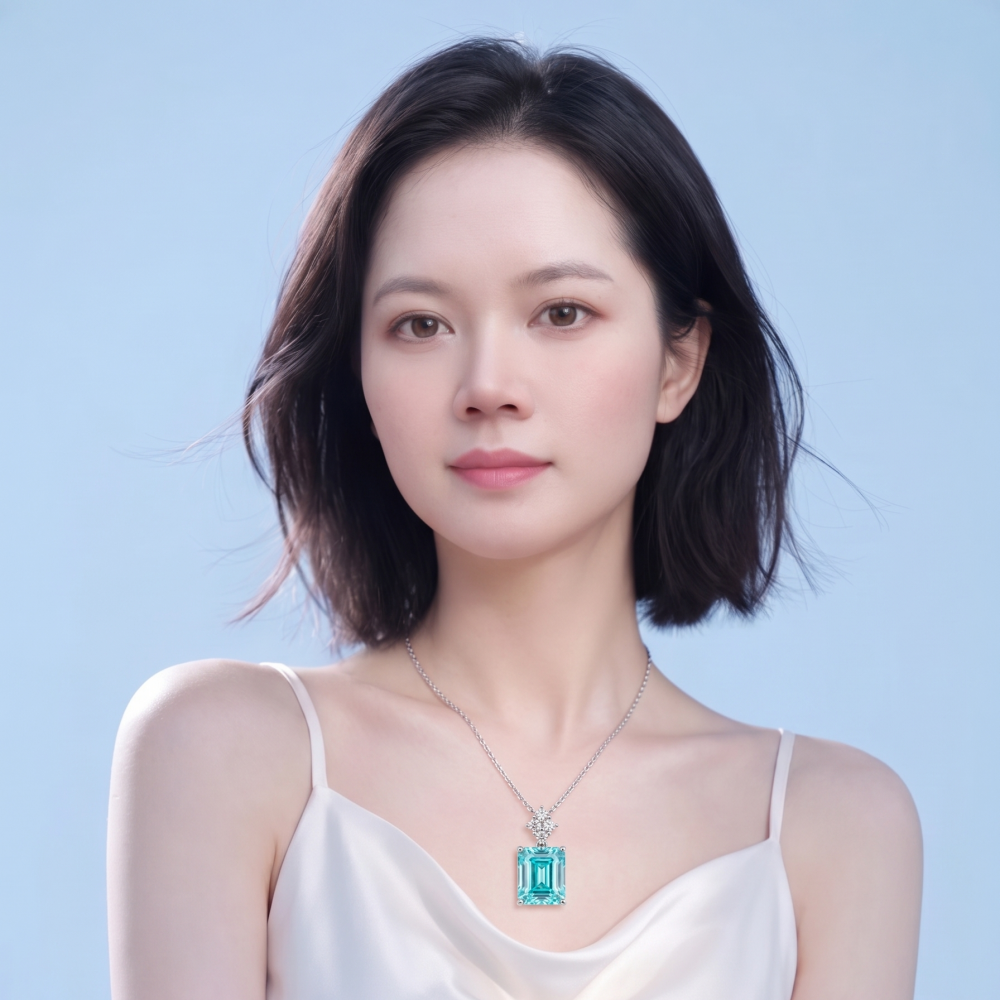 3ct Emerald-Cut Electric Blue Moissanite Geometric Pendant Necklace | Electric Prism | TARA AYARH LUNE