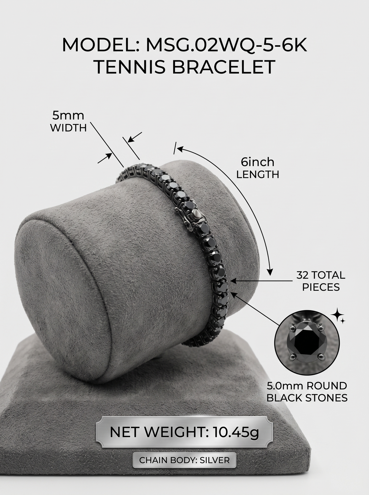 4mm black-plated moissanite tennis bracelet display — MSG.02WQ-4-6K, 36 stones, 11g | TARA AYARH LUNE