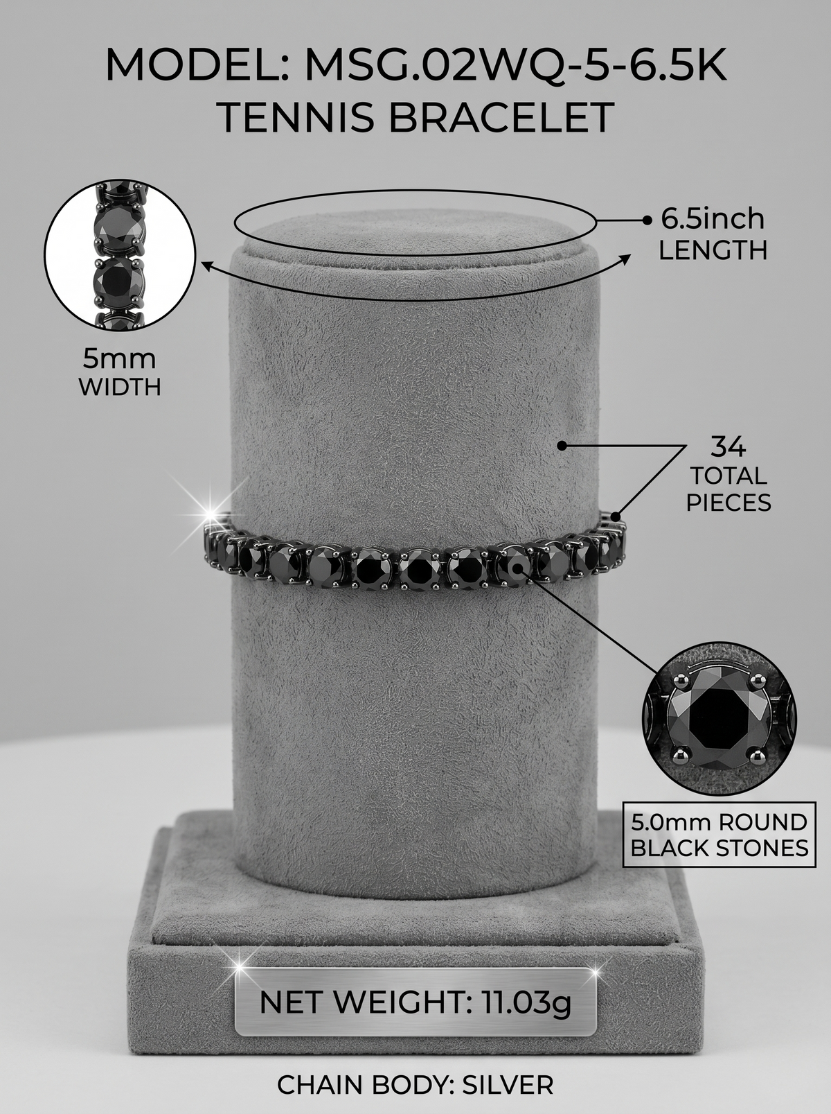 5mm black-plated moissanite tennis bracelet display — MSG.02WQ-5-6.5K | TARA AYARH LUNE