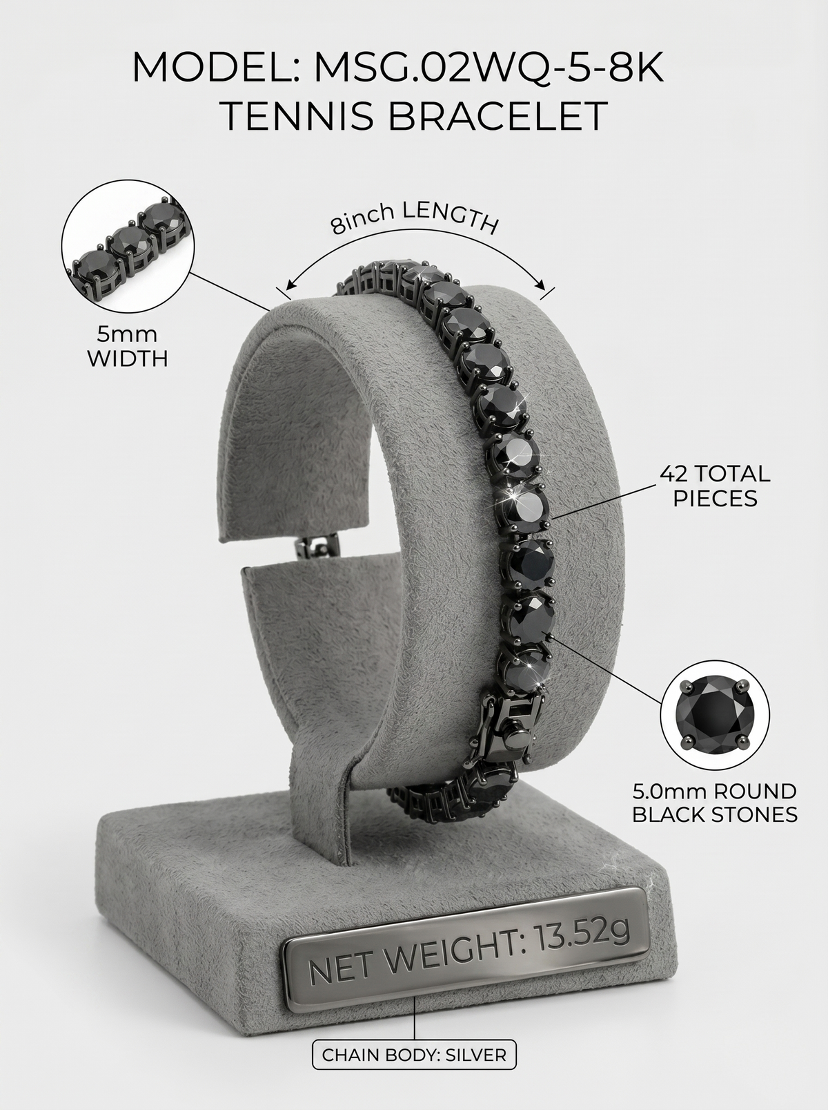 5mm black-plated moissanite tennis bracelet display — MSG.02WQ-5-8K | TARA AYARH LUNE