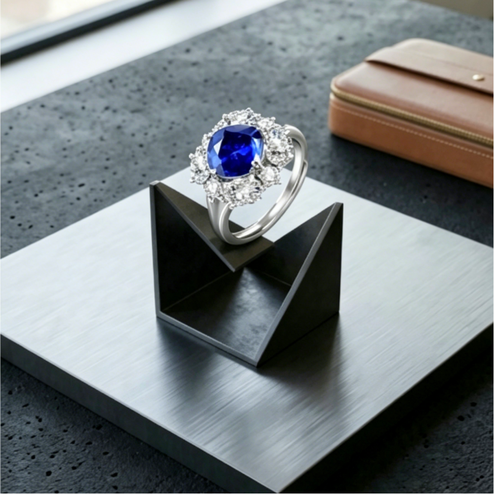 8mm Cushion Blue Moissanite Statement Ring | Azure Prism Setting | TARA AYARH LUNE