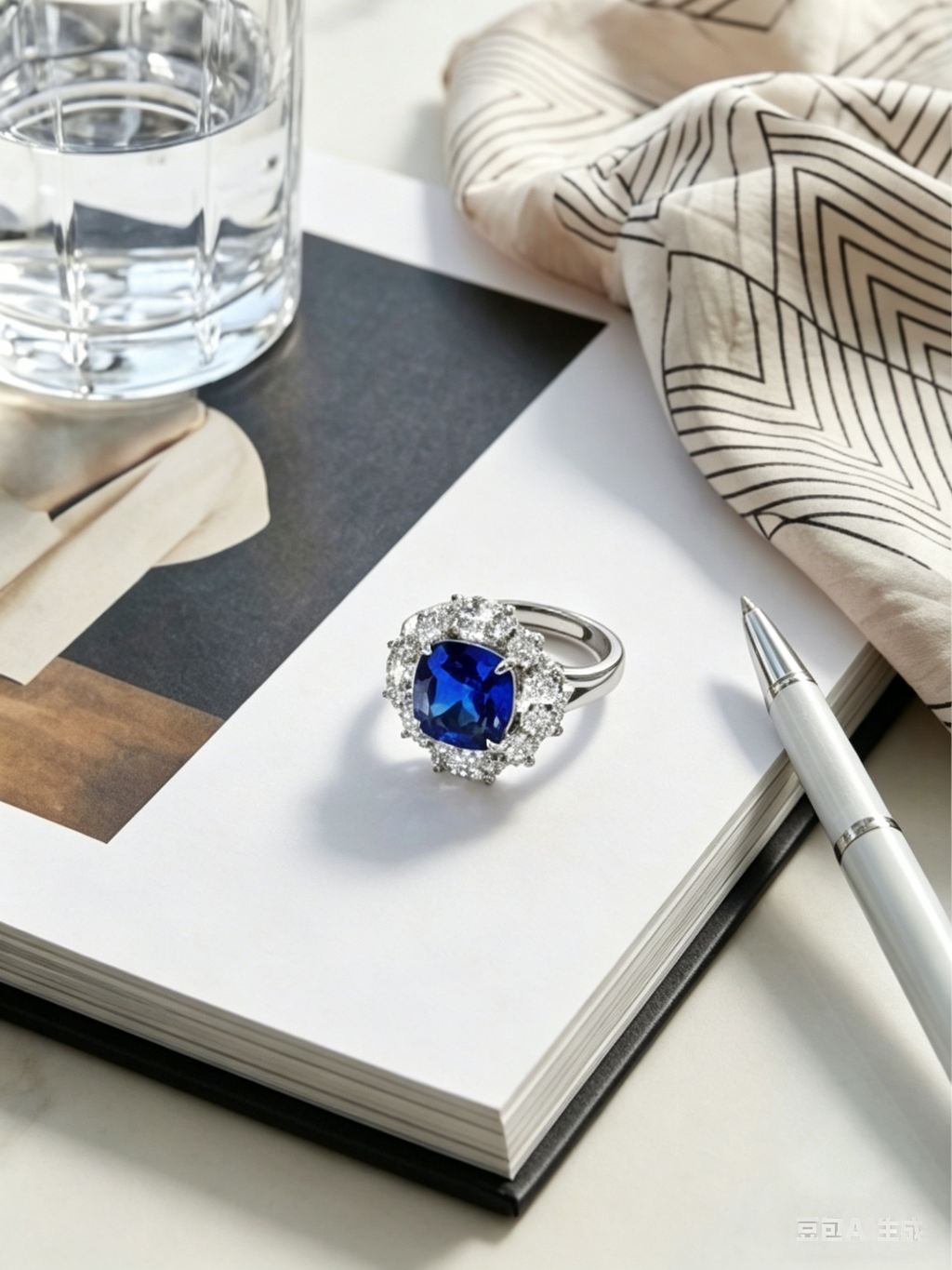 Royal blue cushion moissanite ring side view — star-cluster halo detail, refined solitaire band | TARA AYARH LUNE