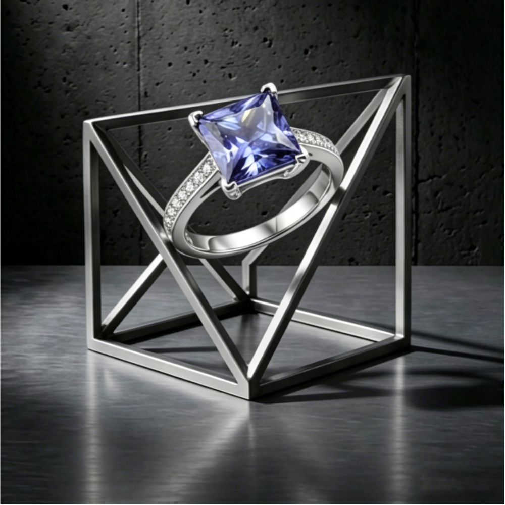 7mm blue moissanite princess-cut solitaire ring — 2ct violet-blue twilight hue, pavé band | TARA AYARH LUNE