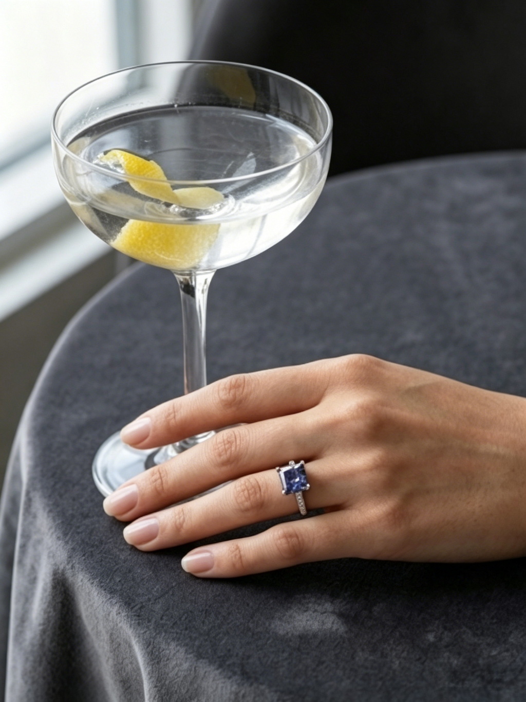 Violet-blue princess cut moissanite ring side view — pavé band detail, platinum-plated sterling silver | TARA AYARH LUNE