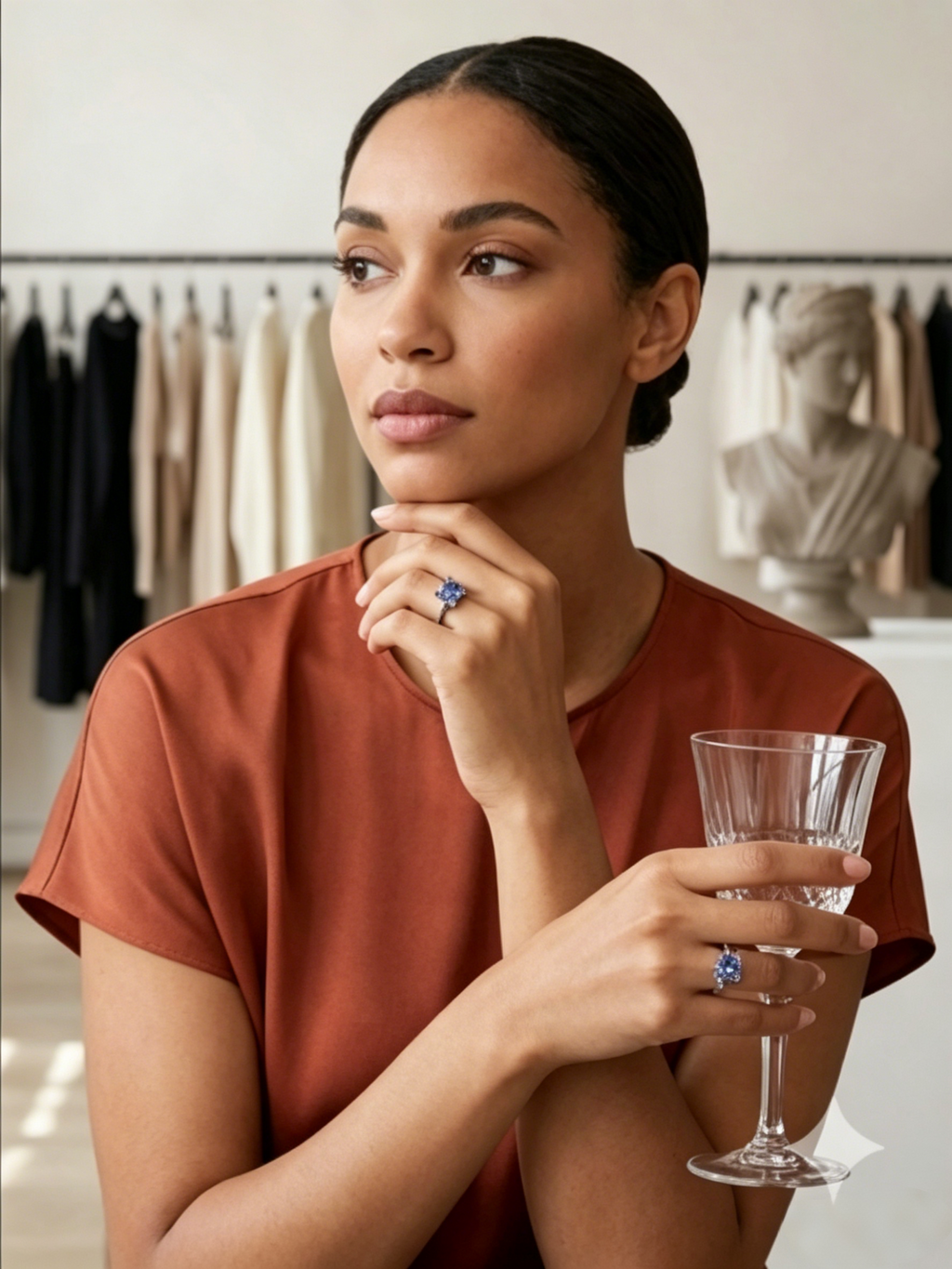 Blue moissanite princess-cut ring on hand — violet-blue hue shifts with light | TARA AYARH LUNE