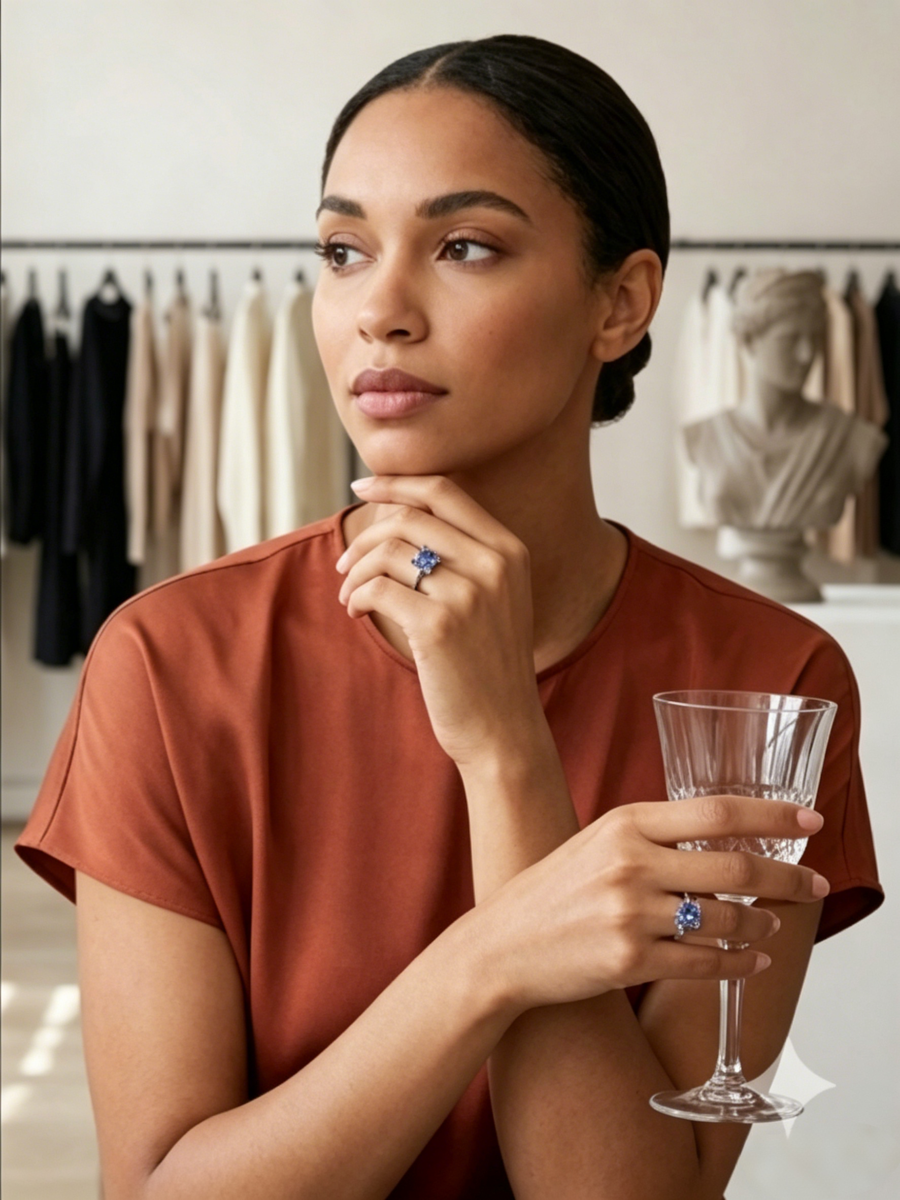 Blue moissanite princess-cut ring on hand — violet-blue hue shifts with light | TARA AYARH LUNE