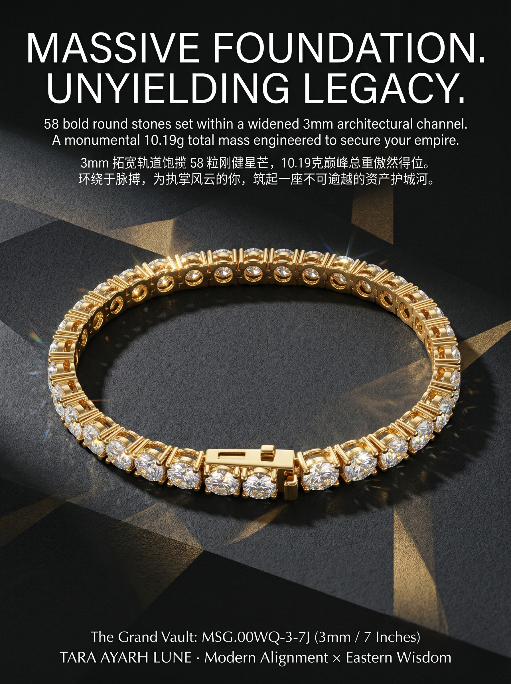 Bold moissanite tennis bracelet product shot — 3mm channel-set, gold finish | TARA AYARH LUNE