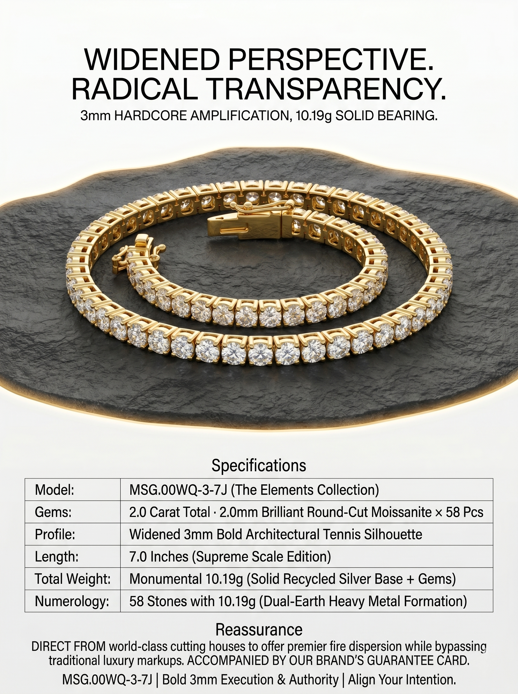 Bold moissanite tennis bracelet spec card — D-color VVS1, 10.19g | TARA AYARH LUNE