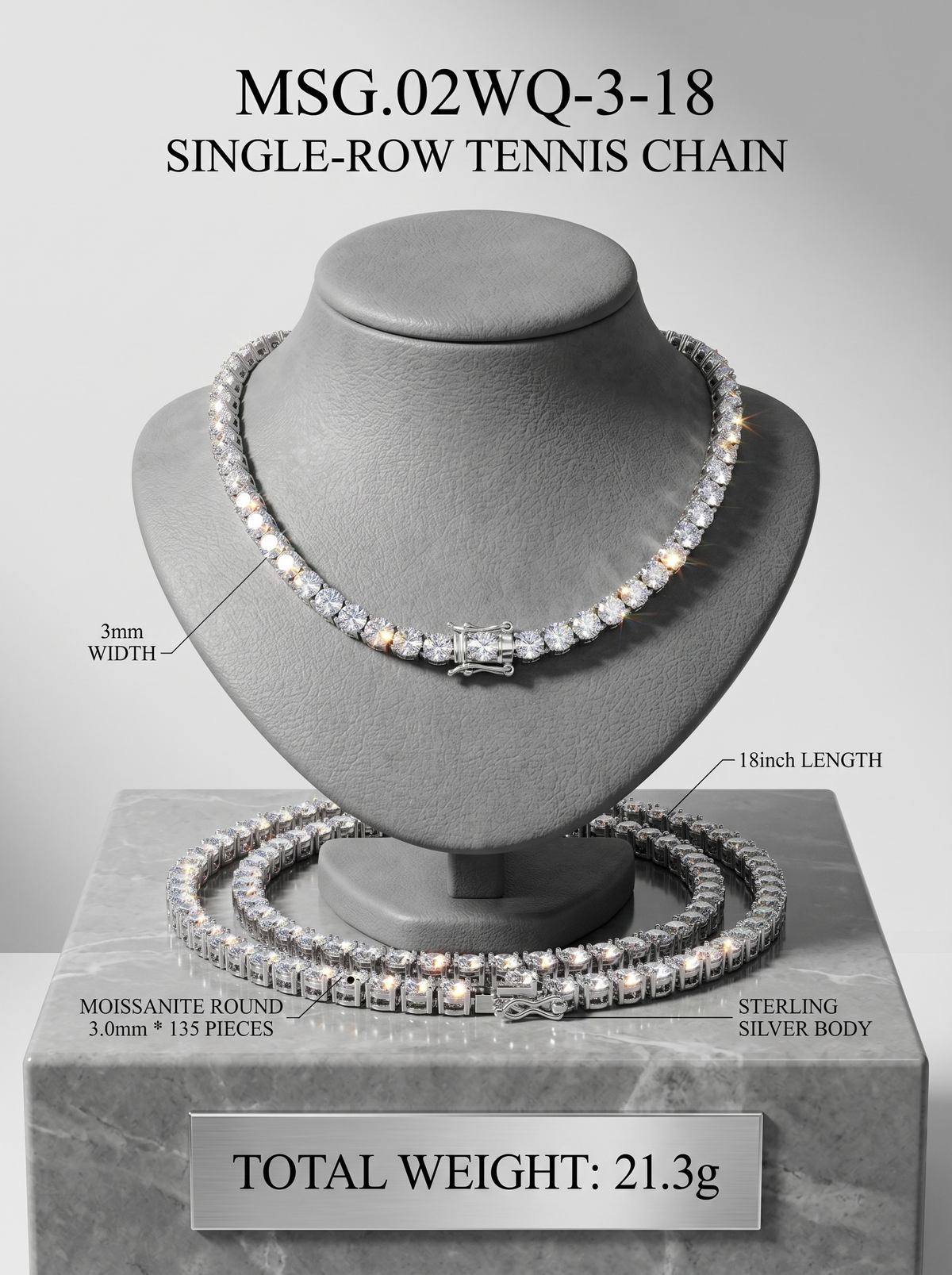 3mm moissanite tennis chain display — MSG.02WQ-3-18, 18-inch silver | TARA AYARH LUNE