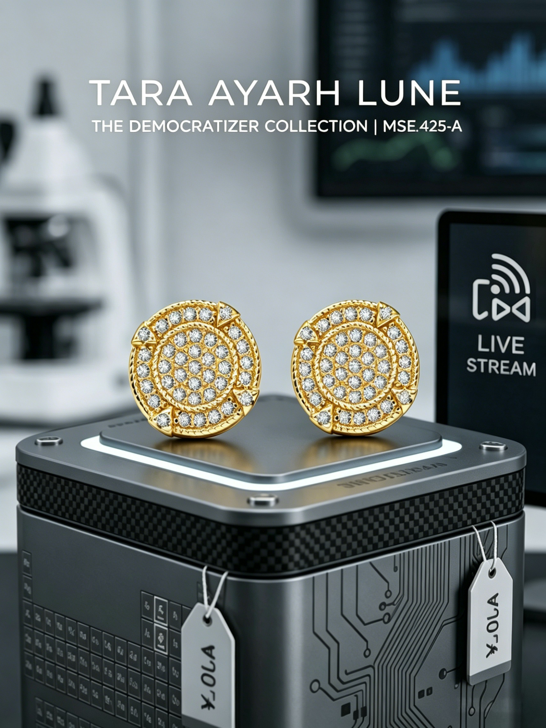 Moissanite disc medallion stud earrings gold — pavé surface detail, S925 sterling silver | TARA AYARH LUNE