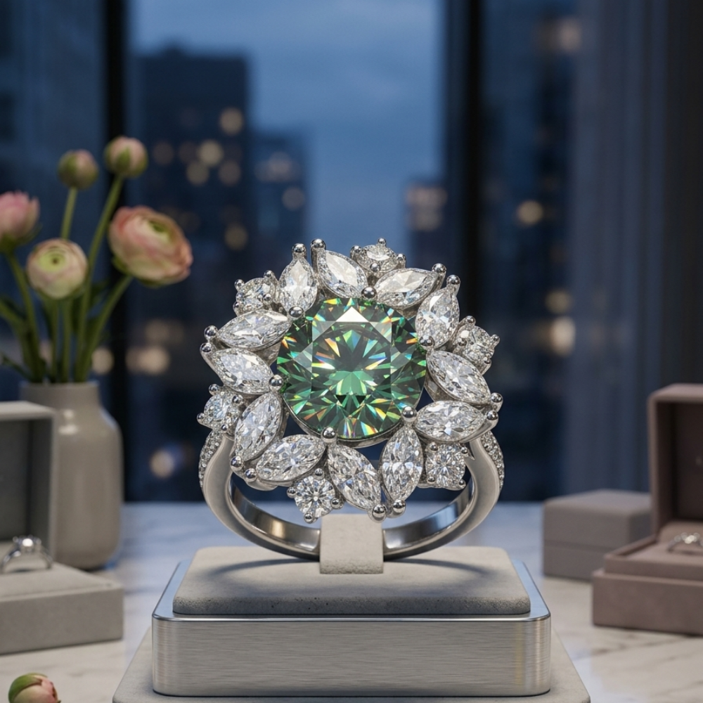 9mm century-cut blue moissanite bloom ring — 100-facet, sunflower cluster halo | TARA AYARH LUNE