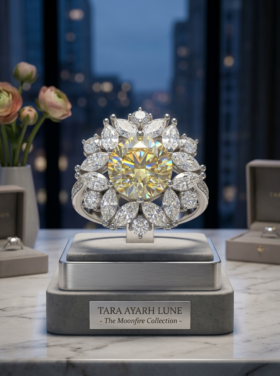 9mm century-cut yellow moissanite bloom ring — canary yellow, 100-facet floral radiance | TARA AYARH LUNE