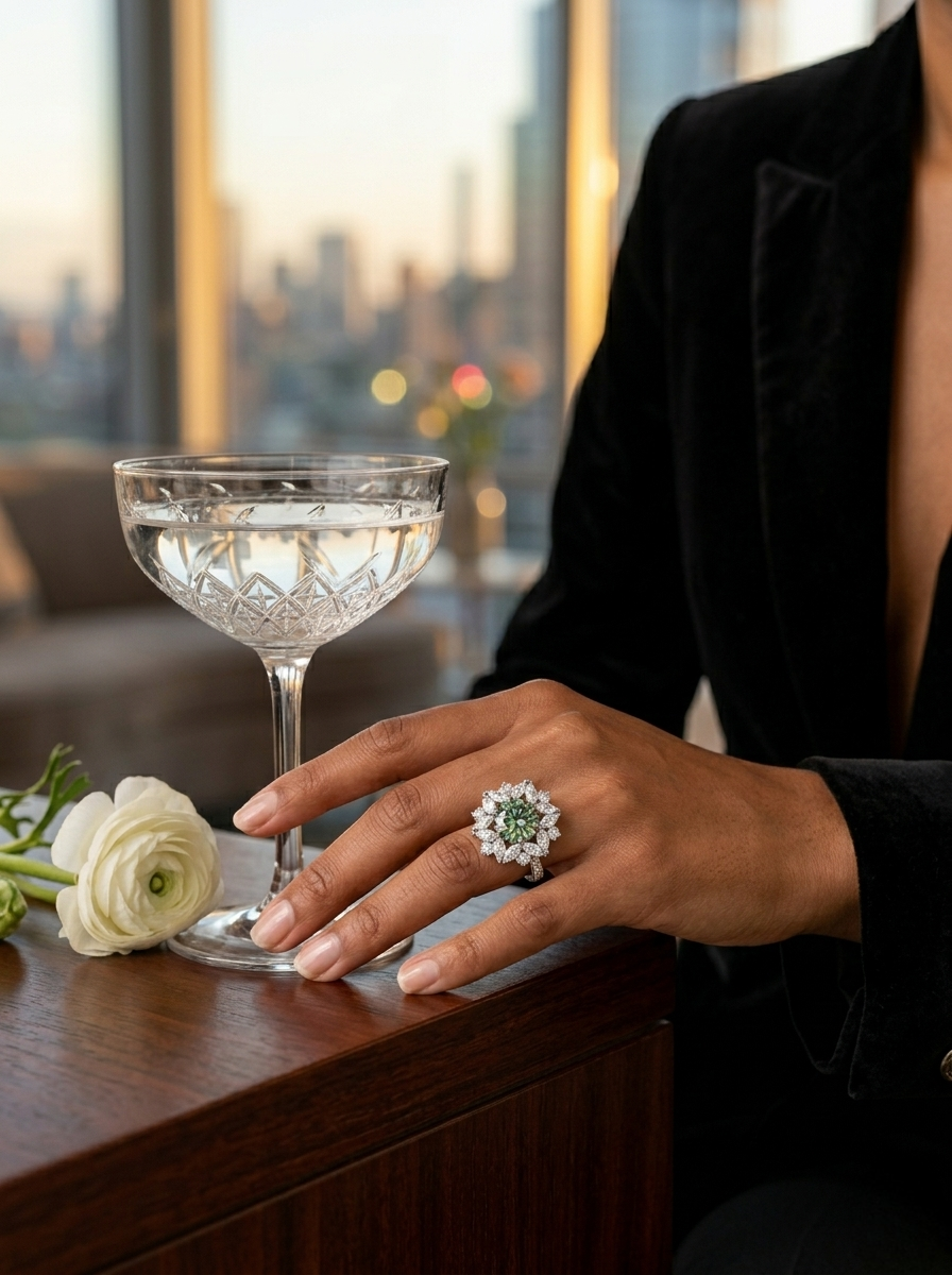 Century-cut moissanite bloom ring on hand — 3ct color options, platinum-plated S925 silver | TARA AYARH LUNE