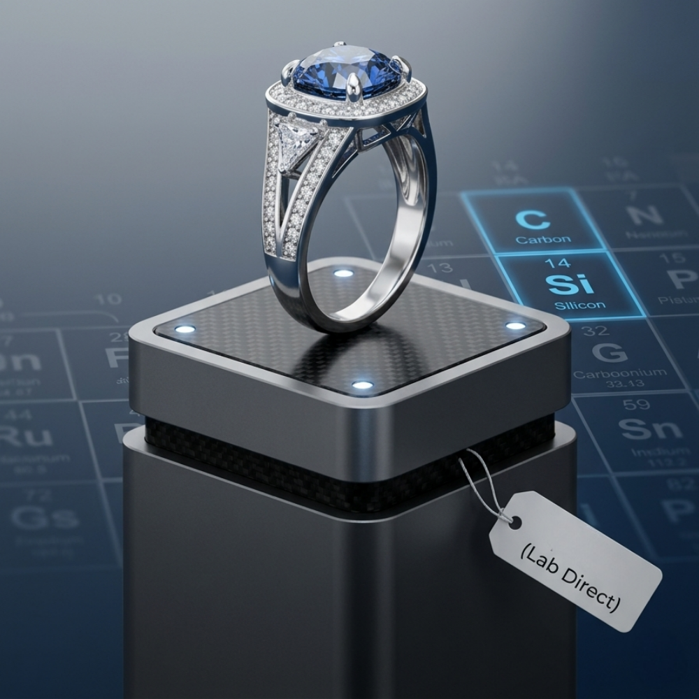 2.5ct cushion-cut blue moissanite geometric halo ring — deep-sea blue, micro-pavé accents | TARA AYARH LUNE