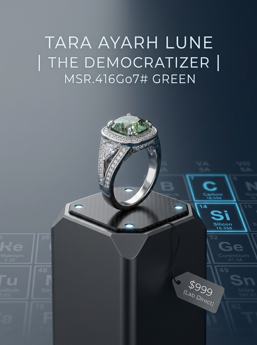 2.5ct cushion-cut green moissanite geometric halo ring — forest green, architectural setting | TARA AYARH LUNE