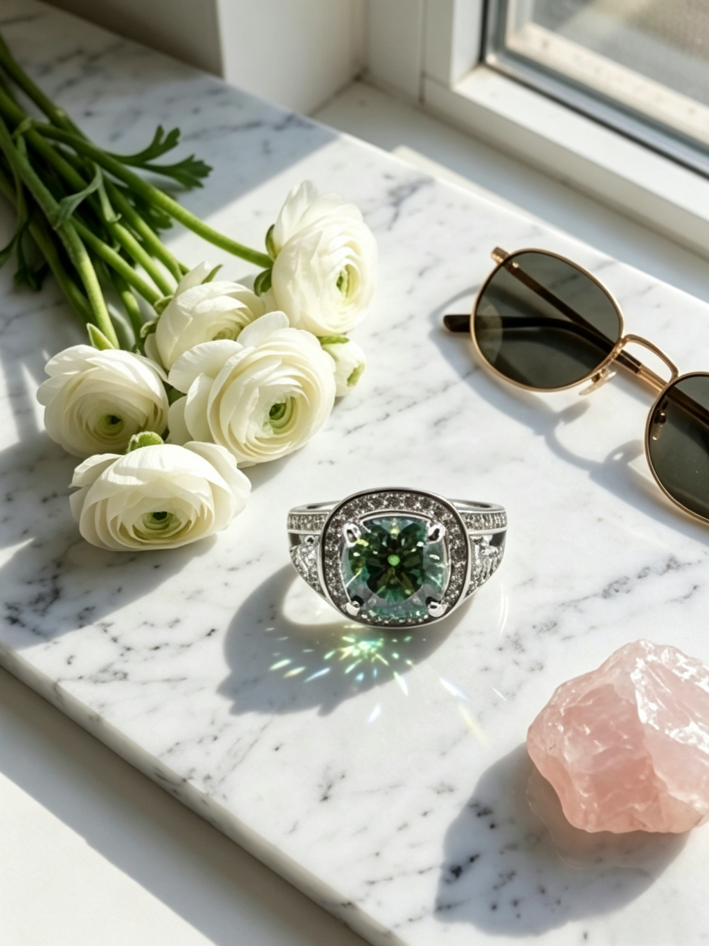 Cushion moissanite geometric halo ring side view — structured angular halo, VVS1 clarity | TARA AYARH LUNE