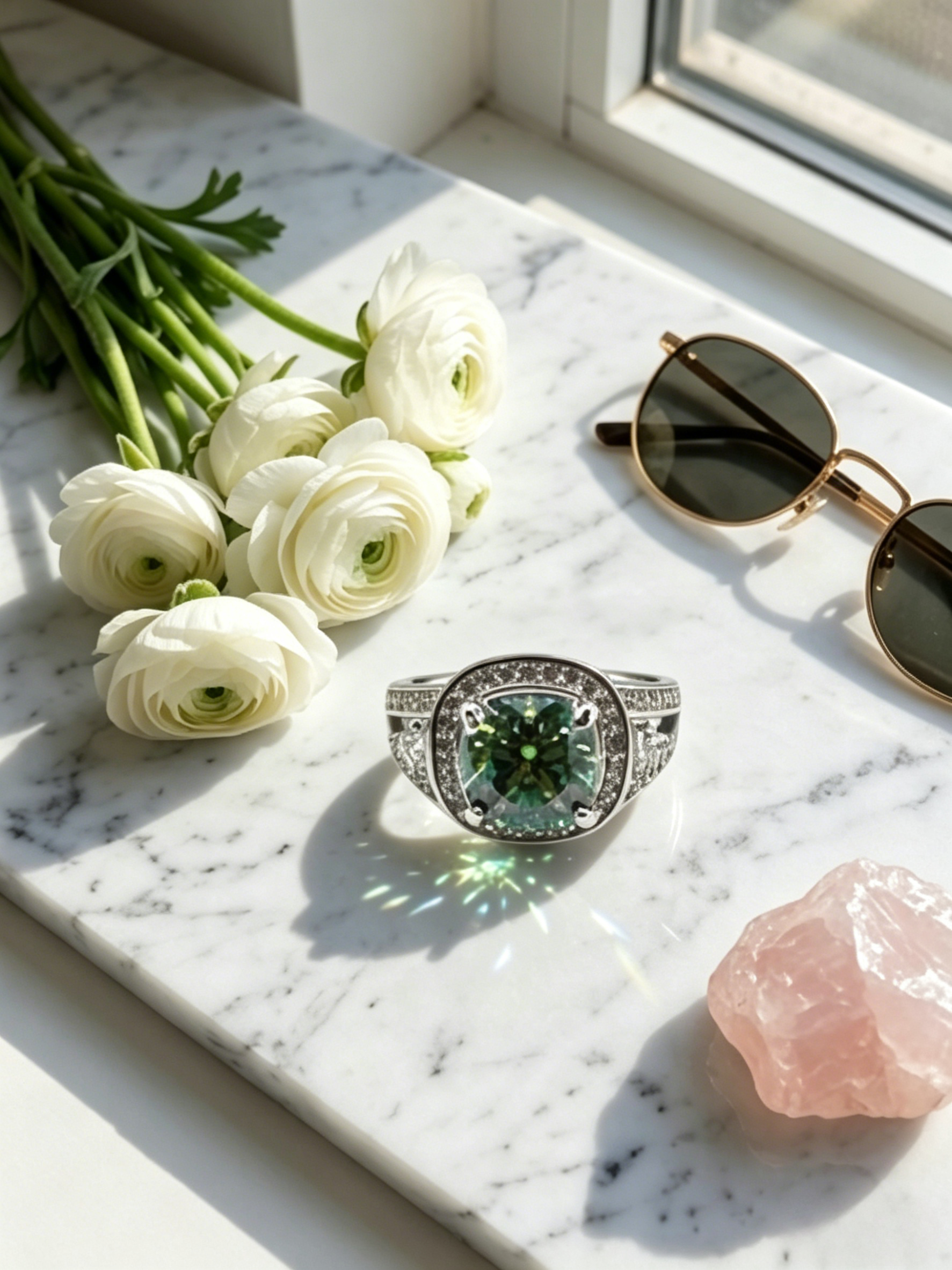 Cushion moissanite geometric halo ring side view — structured angular halo, VVS1 clarity | TARA AYARH LUNE