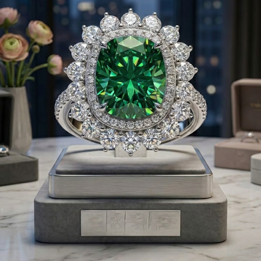 5ct cushion-cut blue moissanite sunflower halo ring — midnight azure, platinum-plated S925 silver | TARA AYARH LUNE