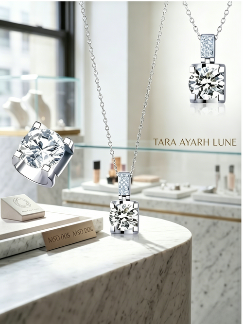1ct Round-Cut Moissanite Dual Halo Pendant Necklace | Rhodium-Plated Silver | TARA AYARH LUNE