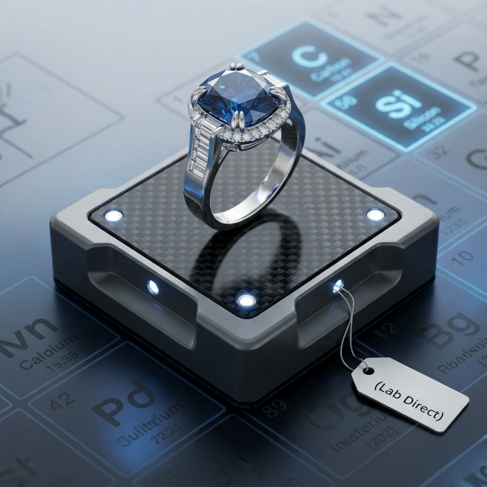 5ct elongated cushion-cut blue moissanite shield ring — midnight cobalt, baguette side stones | TARA AYARH LUNE