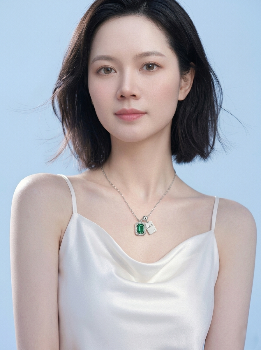 Green moissanite halo pendant with engraved LOVE tag on model — kinetic double pendant | TARA AYARH LUNE
