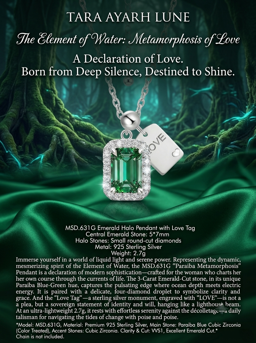 Green moissanite halo pendant with LOVE tag editorial — emerald-cut, micro-pavé halo | TARA AYARH LUNE