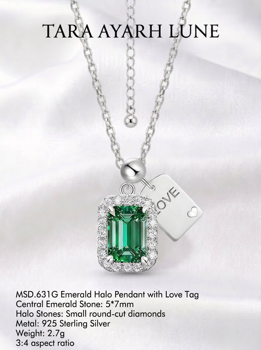 Emerald-cut green moissanite LOVE plaque pendant spec card — VVS1, 2.7g | TARA AYARH LUNE