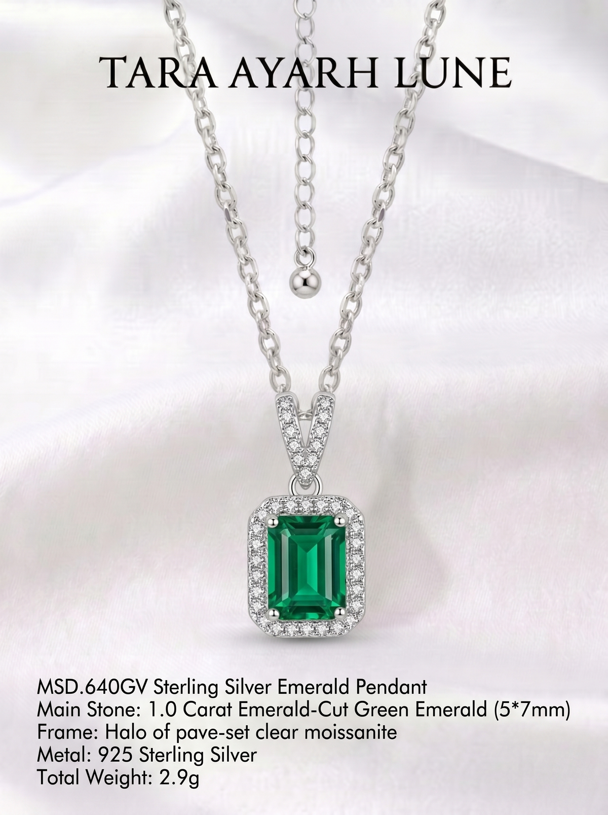 Emerald-cut green moissanite V-shape pendant product display — VVS1, 2.9g | TARA AYARH LUNE