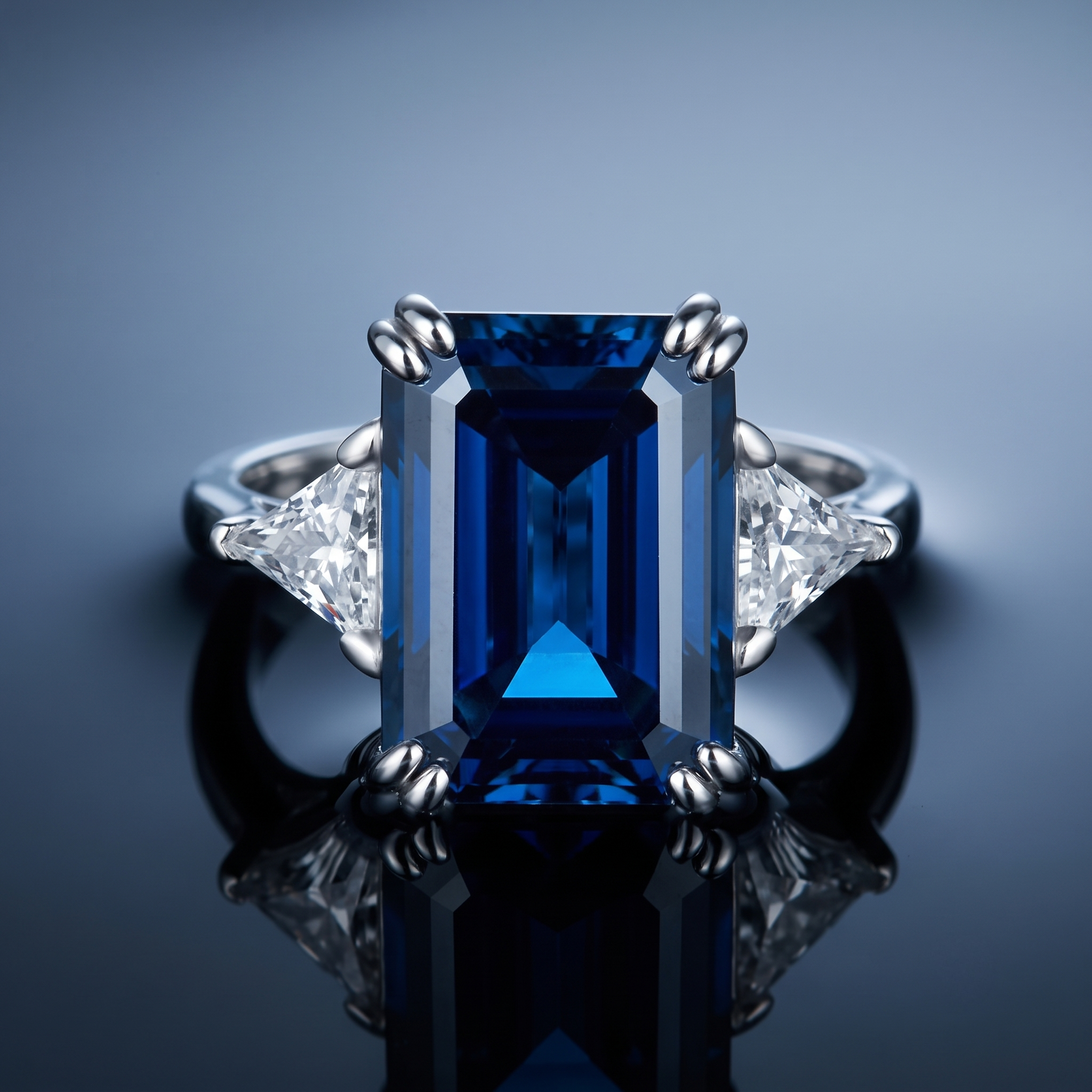 10ct emerald-cut midnight blue moissanite ring — 10x14mm, 4-prong setting, 925 silver | TARA AYARH LUNE