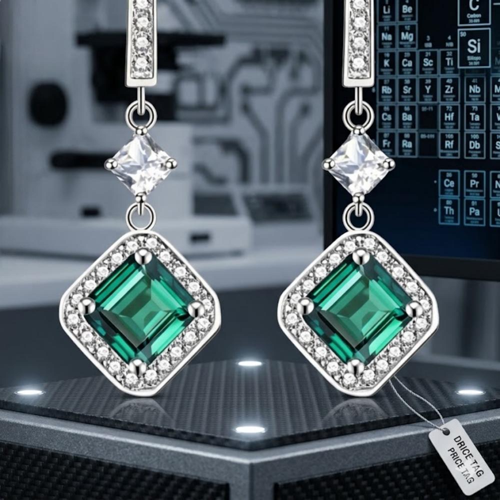 2ctw emerald-cut green moissanite drop earrings — imperial green, pavé stem drop | TARA AYARH LUNE