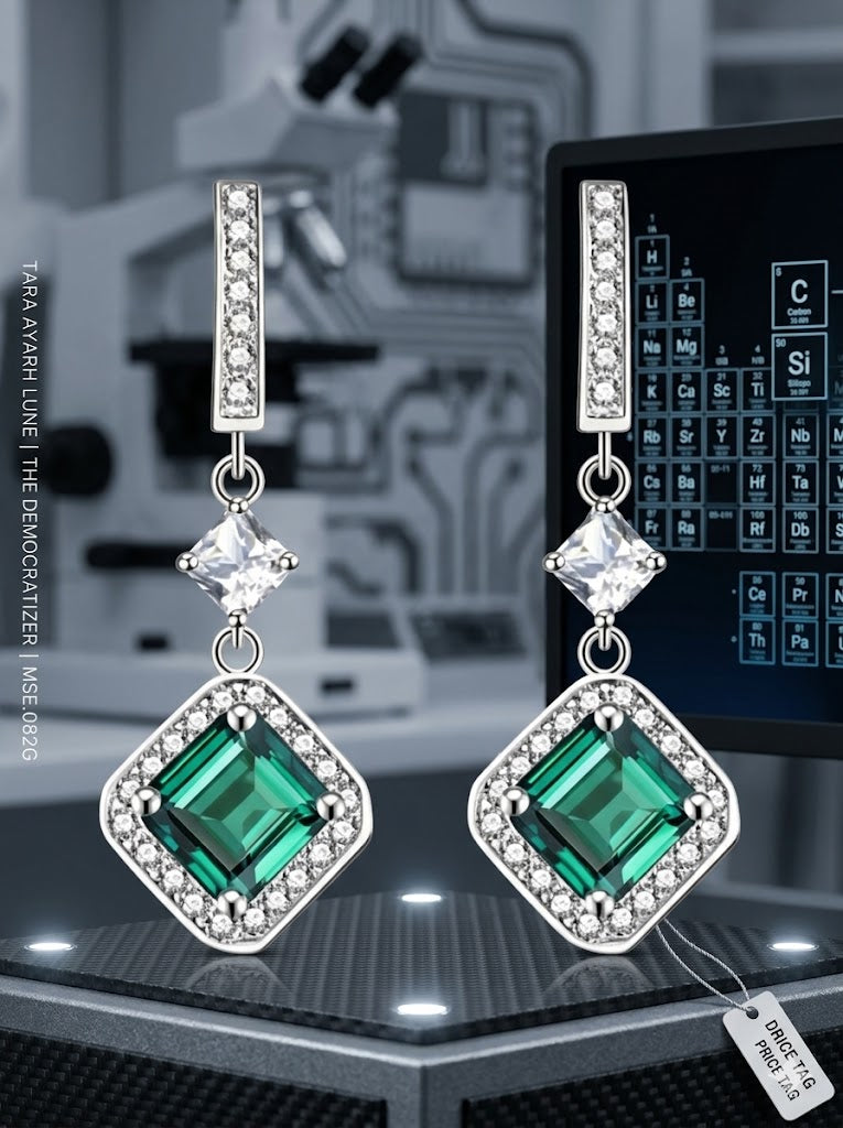 Green moissanite emerald-cut drop earrings on model — verdant empress setting, S925 silver | TARA AYARH LUNE