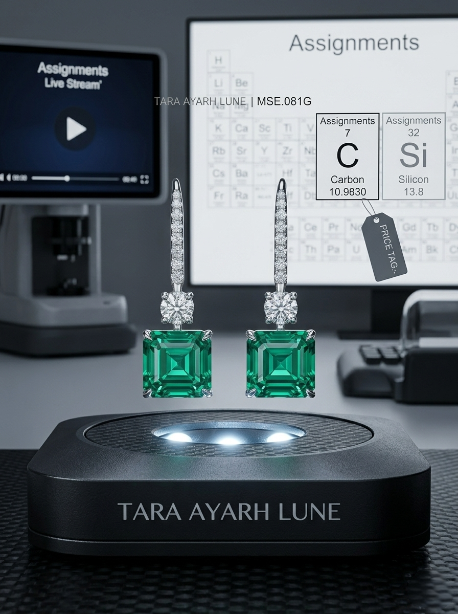 2ctw emerald-cut blue moissanite drop earrings — crosshair drop design, art-deco pavé | TARA AYARH LUNE