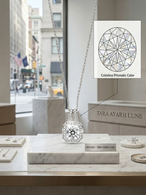 1ct Emerald-Cut Moissanite Halo Pendant Necklace | Cube Frame | TARA AYARH LUNE