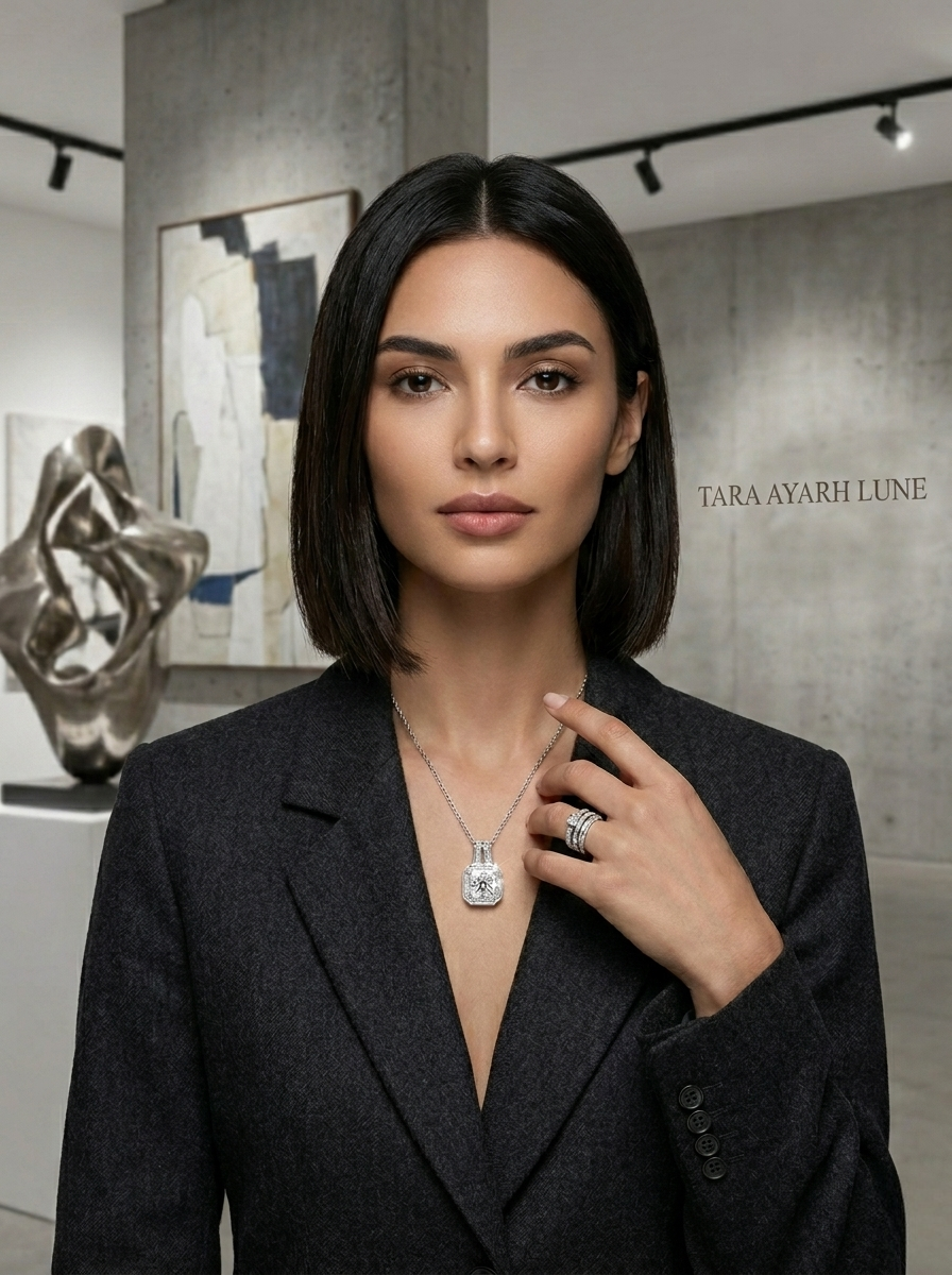 1ct Emerald-Cut Moissanite Halo Pendant Necklace | Cube Frame | TARA AYARH LUNE
