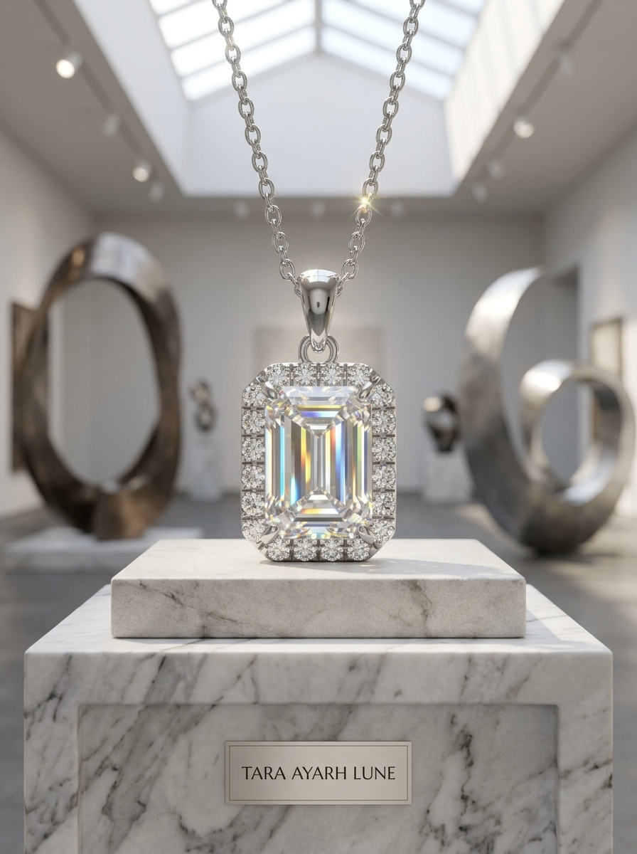 1ct Emerald Cut Moissanite Halo Pendant Necklace | Emerald Matrix Geometric Setting | TARA AYARH LUNE