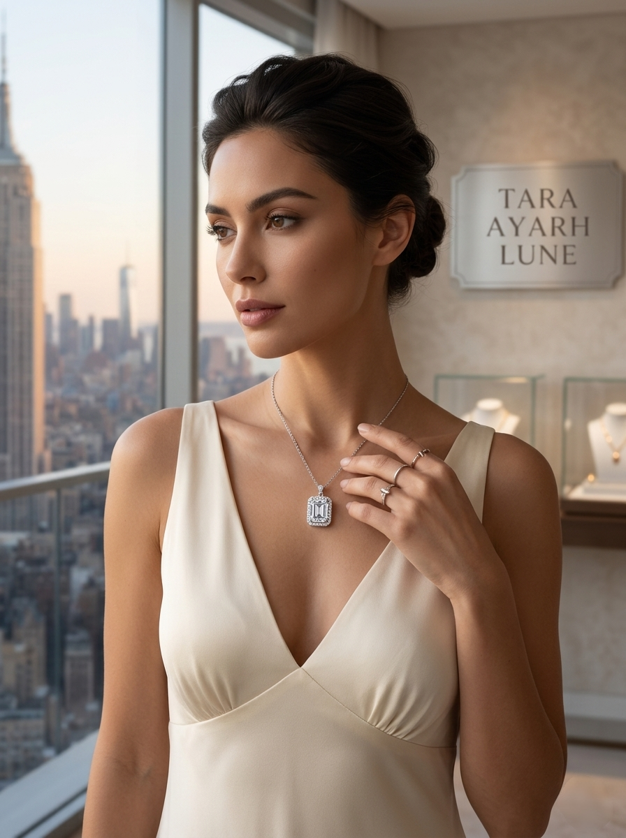 1ct Emerald Cut Moissanite Halo Pendant Necklace | Emerald Matrix Geometric Setting | TARA AYARH LUNE