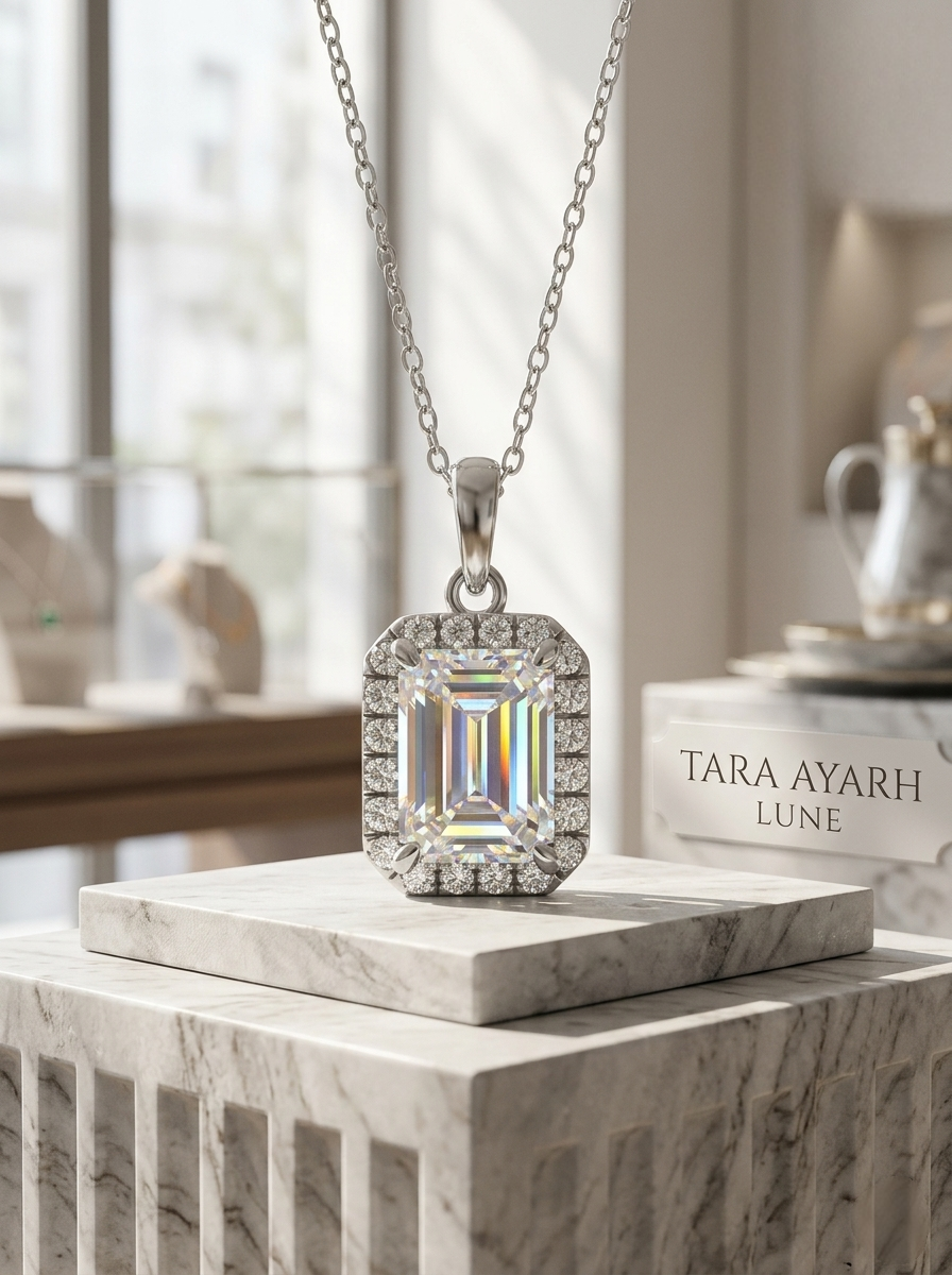 1ct Emerald Cut Moissanite Halo Pendant Necklace | Emerald Matrix Geometric Setting | TARA AYARH LUNE
