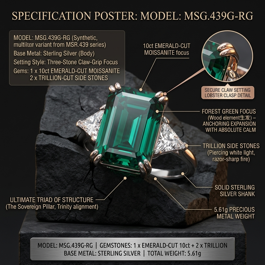 10ct emerald-cut moissanite ring spec card — forest green, VVS1, 5.61g | TARA AYARH LUNE