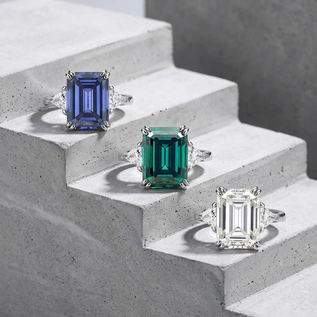 10ct emerald-cut moissanite statement ring — blue, green & white, trillion side stones | TARA AYARH LUNE