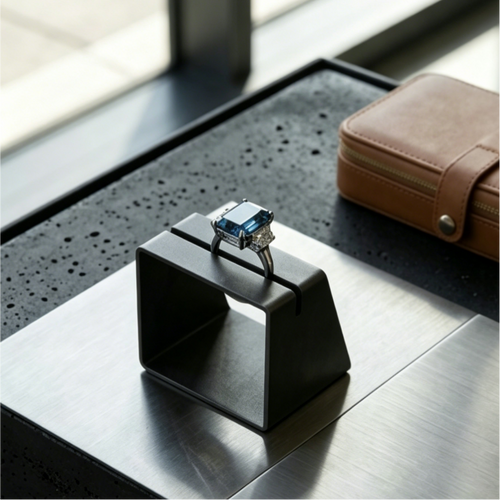 10ct emerald-cut blue moissanite three-stone ring — midnight azure, trillion side stones | TARA AYARH LUNE