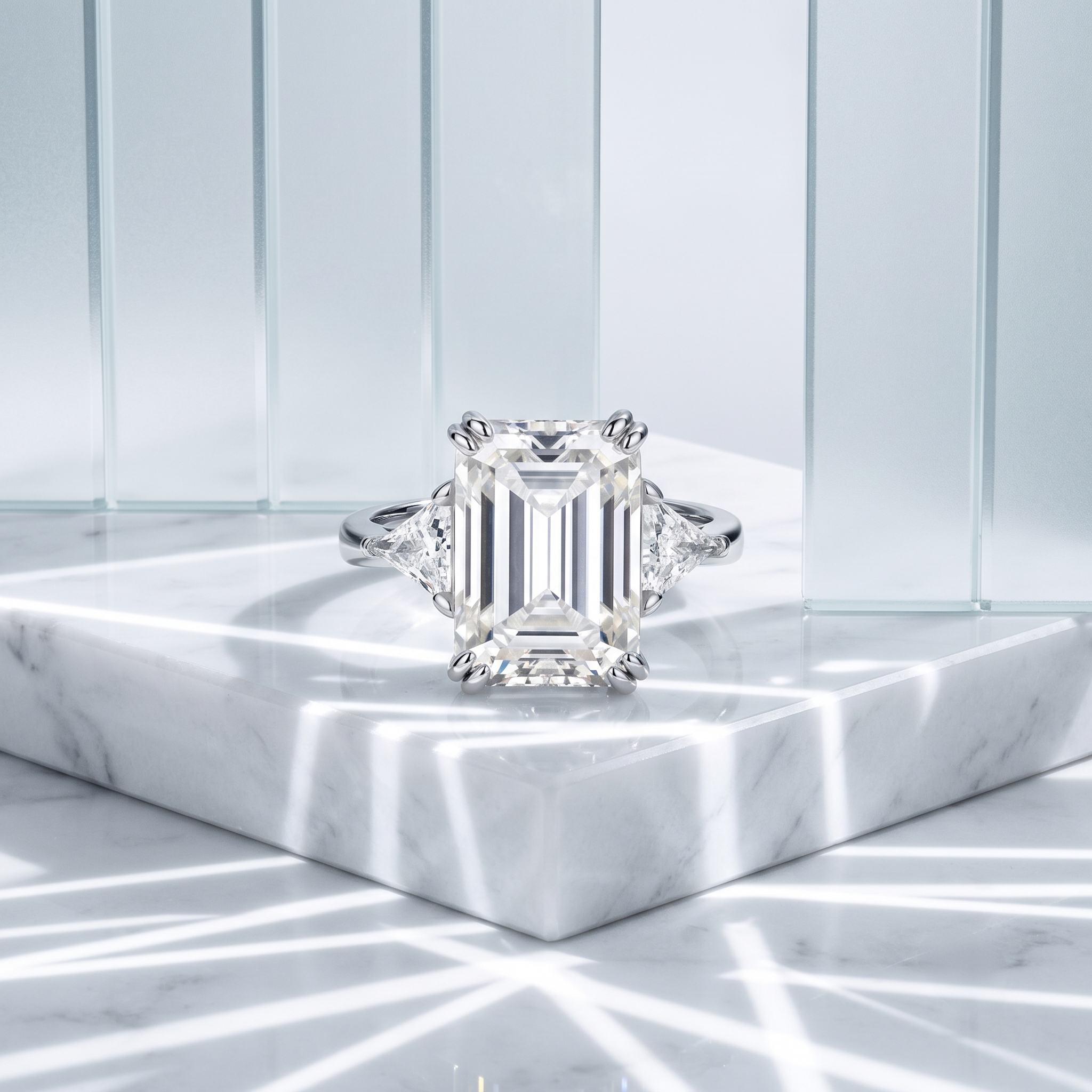 10ct emerald-cut white moissanite statement ring — classic ice white, trillion accents | TARA AYARH LUNE