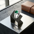 asscher-cut green moissanite art deco three-stone ring — 2ct forest green, baguette side stones | TARA AYARH LUNE