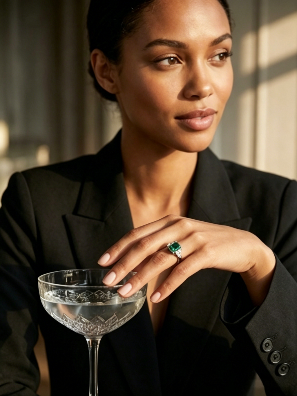 Green Asscher moissanite ring side view — tapered baguette accents, three-stone claw setting | TARA AYARH LUNE