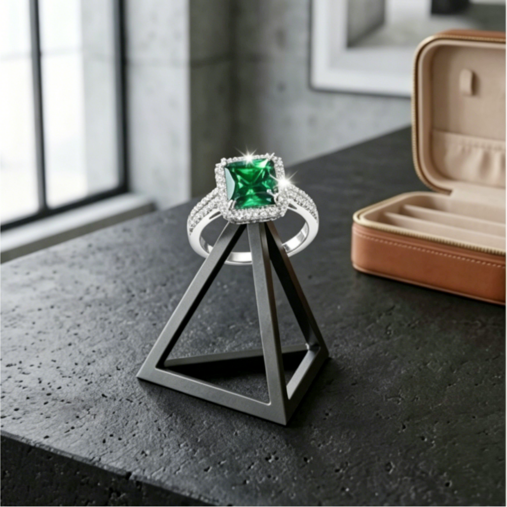 5.5mm green moissanite princess-cut halo ring — 1ct forest green, double-row pavé band | TARA AYARH LUNE